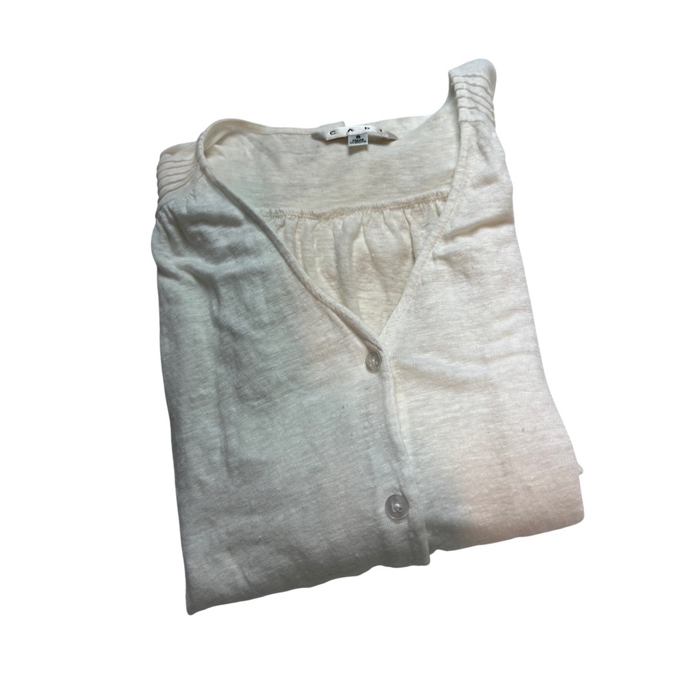 Cabi Cardigan Women Small Ivory 100% Linen Button Up Pleated Shoulder Style A35